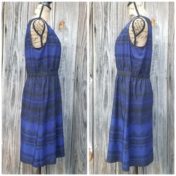 Lace Print Dress LOFT Size 10 Ann Taylor Blue Black Damask Stripe Sleeveless - Picture 2 of 8